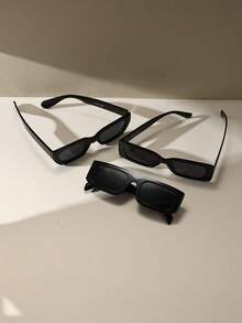 3 piezas Gafas de sol rectangulares retro con marco grueso negro, estilo clásico de plástico unisex para exteriores, viajes y playa, con protección UV - Negro - Ver 2