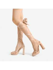 Women's Strappy High Chunky Platform Square Toe Heel Pump Dress Party Sandals - Màu be - Xem 5