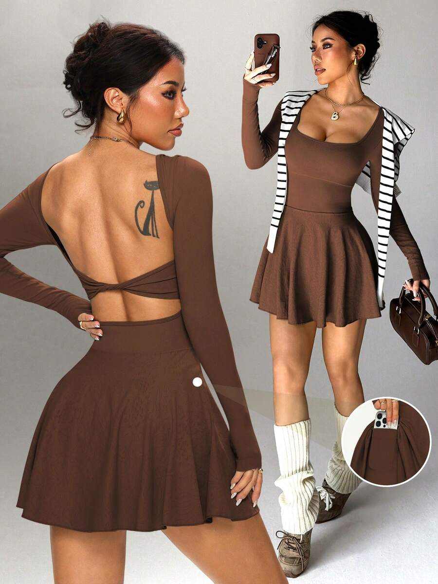 TCVC Women's Seamless Casual Outdoor Sports Criss-Cross Backless Long Sleeve Dress With Built-In Safety Shorts To Prevent Exposure, Side Pocket, Removable Padded Bra, High Stretch Tight Fitness Tennis Skirt Dress Spring - Brown - View 1