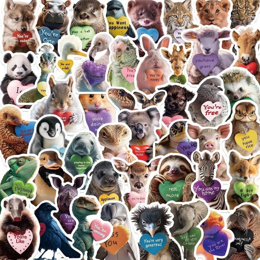 50张动物主题爱情留言贴纸 - 防水涂鸦贴纸，适用于头盔、自行车和铅笔盒 - 50PCS - 查看 1