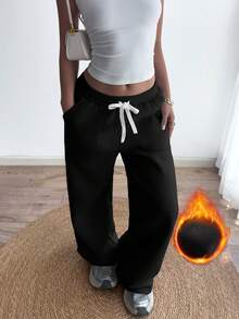 Quần thể thao nữ kiểu Hàn Quốc đơn giản, màu trơn, có dây rút và túi. - màu đen - Xem 3