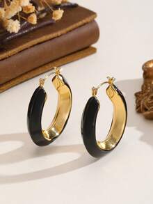 1 par de pendientes de aro en forma de C de acero inoxidable para mujeres - Pendientes de acero inoxidable con forma de C y gotas de aceite - Ver 10