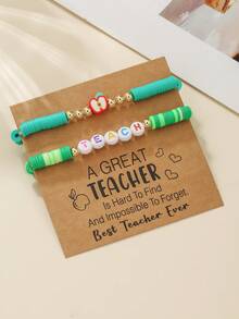2pcs/Set Back To School "TEACH" Letter Beaded & Apple Shaped Polymer Clay Elastic Bracelet Set, Suitable For Gift Giving And Daily Wear - Multicolor - View 2