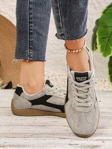 Women's Casual Sneakers, New Flat Loafers, Versatile, Fashionable, Comfortable, Lightweight, Lace-Up, Breathable Round Toe Trainers - Light Grey - View 5