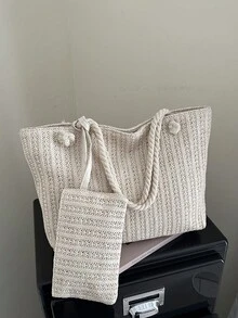 2026新款乡村风多功能女士单肩包，中号两件套度假编织手提包。钱包。休闲大容量手提包，草编包，沙滩包，轻松 - 米色 - 查看 5