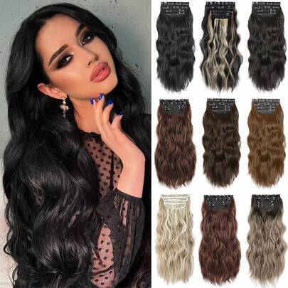 Set Of 4 Long Wavy Clip-In Hair Extensions 22 Inch Featuring Soft Curly Thick Fiber With Double Weft. Ideal Synthetic Hairpieces In Black Brown And Blonde Shades For Women Perfect For Parties Cosplay Christmas Halloween Dating