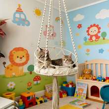 1件套手工编织猫吊床，波西米亚风格悬挂式猫床，带流苏猫抓柱，手工编织猫秋千吊床，纤维艺术猫床，四季皆宜 - 白色 - 查看 4