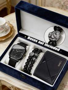 三件套时尚硬核男士腕表套装，包括黑色表盘方形石英腕表、狮头银黑串珠手链和黑色几何图案皮革钱包。腕表采用简约的刻度设计，风格沉稳硬朗，散发着阳刚魅力。 - 黑色 - 查看 2