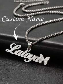 定制哑光名字项链，蝴蝶名字项链，定制男女款粗链吊坠名字项链，不锈钢饰品，可拆卸名字吊坠项链，优雅闪亮蝴蝶名字吊坠项链，不锈钢品牌项链，情人节/周年纪念日、母亲节、复活节个性化珠宝礼物，女士沙滩配饰，夏季配饰 - 銀色 - 查看 7