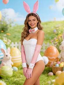 Set costum de iepure negru/roz, bandă de păr în stil retro pentru urechi de iepure, accesorii pentru manșetă și coadă, potrivit pentru petrecerea de Paște, evenimente cu tematică de iepure și alte decorațiuni de petrecere - Multicolor - Vizualizare 5