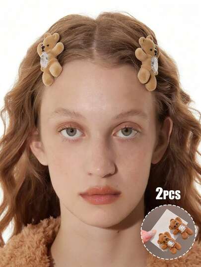 1pc Retro Boho Lazy Waving Bear Rhinestone Flocked Hair Clip, Fashion Bangs Clip Side Clip, Stylish Headpiece Hair Accessory, Elegant Bangs Clip Hair Clip Hairpin, Sweet Hair Decoration