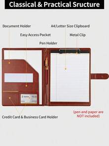 A4 File Folder With Clipboard, Faux Leather Portfolio, Professional Writing A4 Clipboard, Interview Resume, Writing Board, Business Office, Meeting, Back To School Supplies - Ideal Organizer, Back To School Gift - A4 - View 4