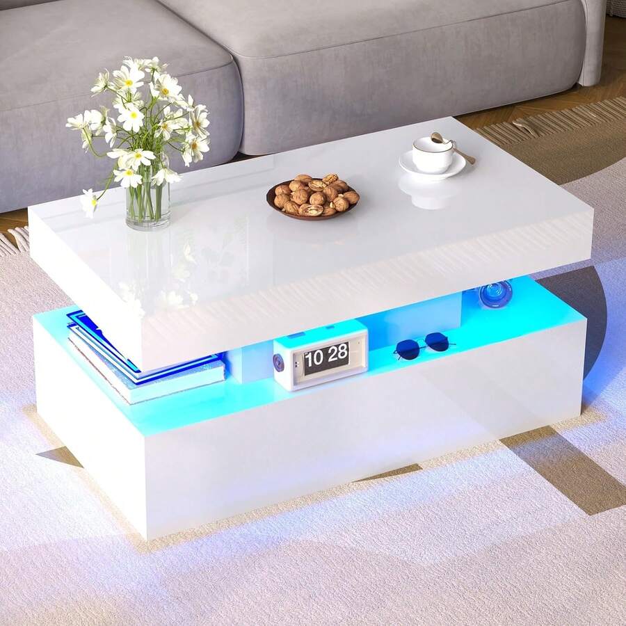40 Inch Modern LED Coffee Table With RGB Lights - High Gloss Rectangular, Two-Tier Storage, Minimalist - trắng - Xem 1