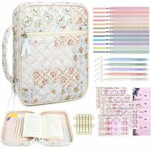 Women's Bible Cover Bag, Large Bible Cover Bag, Bible Study Supplies, Bible Journal Set, Book Carrying Case, Set With Bible, Highlighters, And Bookmark, Christian Gift - Patchwork Flowers - View 3