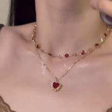时尚多层覆盆子心形吊坠项链，女士皮绳颈链，别致时尚配饰 - 多層心墜項鍊 - 查看 3