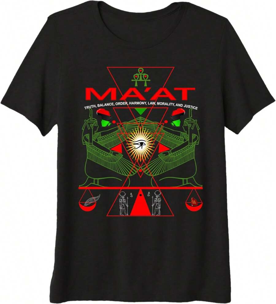 1 Pc MA'AT MAAT Geometría Sagrada Ciencia Camiseta Egipcia Arte Camiseta Premium Tri-blend Camiseta Mujer, Camiseta Hombre, Estilo Unisex, Camiseta Deportiva, Camiseta de Fiesta, Camiseta de Regalo, Talla S-4XL, 100% algodón, Negro