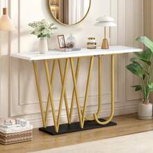 Entryway Table (1 Piece) 120 X 29.5 X 80 Cm. Dining Table, Kitchen Table, Balcony Table, Wooden Dining Table, Marble-Look Top. - White - View 4