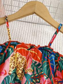 Girls' Sweet Ditsy Floral Spaghetti Strap Dress, Breezy Flared Skirt, Princess Style, Holiday Vibe - Burnt Orange - View 4