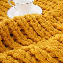 Mustard Yellow Chunky Knit Throw Blanket, Soft Thick Chenille Blanket,Handmade Cable Knit Crochet Blanket For Living Room Decor,50"X60" - 芥末 - 查看 11