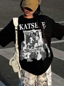 Spring And Autumn Round Neck Short Sleeves For Girls - KATSEYE Members - Printed Pattern Design Round Neck T-Shirt, Pattern T-Shirt Pullover, Girls' Top, 180g Polyester Soft Fabric, Suitable For Giving Gifts To Children For Back To School, Parties, Outdoors, Travel Wear - màu đen - Xem 2