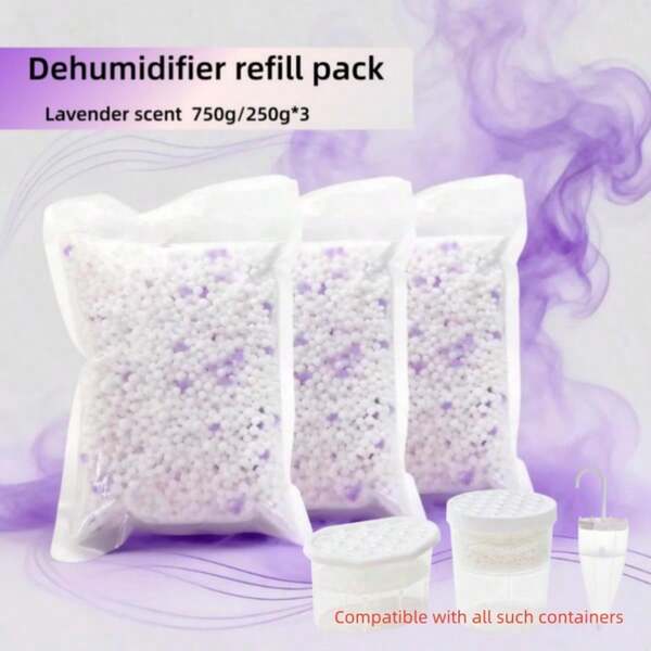 750克/3包 250克补充装吸湿袋 | 氯化钙 | 适用于橱柜、衣柜、电子产品的除湿 | 高效除湿 | 包含无香型、柠檬香型和薰衣草香型，春夏精选，伴娘礼物，房间、卧室装饰，海滩、旅行，男女皆宜，度假必备，可爱小物