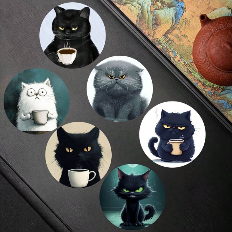 6pcs Set Insulated Wooden Coasters, Stylish Cat Pattern, Suitable For Home, Office And Party Drink Coasters, , Great Gift - Multicolor - View 1