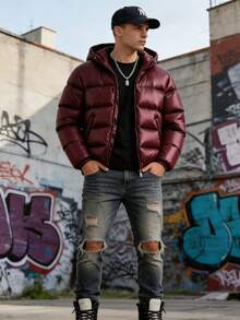 2026 chaqueta deportiva de algodón con capucha para hombres chaqueta deportiva de algodón de color sólido casual moda abrigo de cercanías - marrón rojizo - Ver 1
