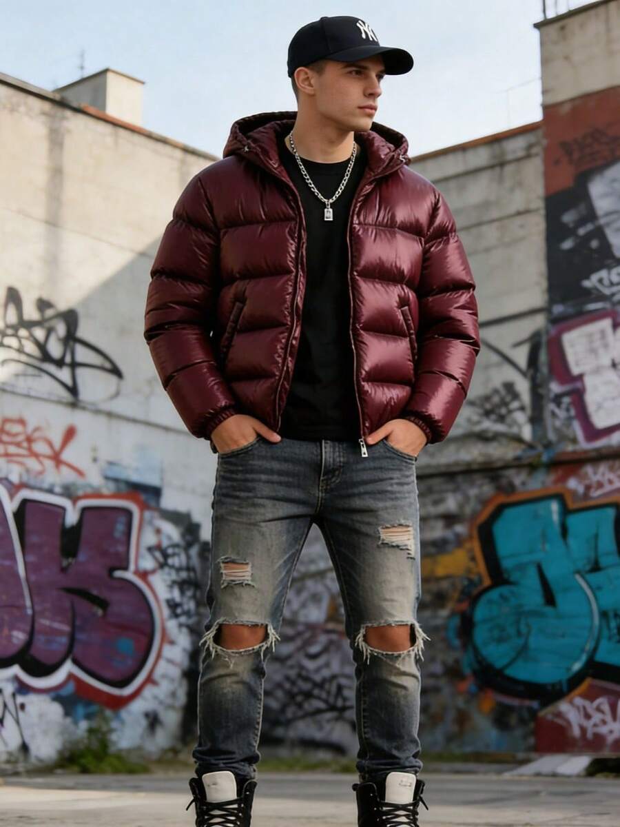 2026 chaqueta deportiva de algodón con capucha para hombres chaqueta deportiva de algodón de color sólido casual moda abrigo de cercanías - marrón rojizo - Ver 1