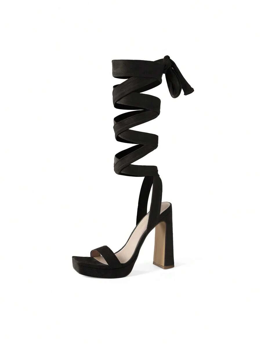 Women's Strappy High Chunky Platform Square Toe Heel Pump Dress Party Sandals - màu đen - Xem 1