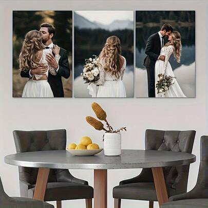 2D Flat, 3pcs Custom Photo Canvas Prints With Pine Wood Wrap Frame - Personalized Family, Couple & Pet Portraits - Modern Vertical Wall Art Suitable For Living Room, Bedroom, Office - Upload Your Own Photos - Housewarming/Birthday/Anniversary Gift