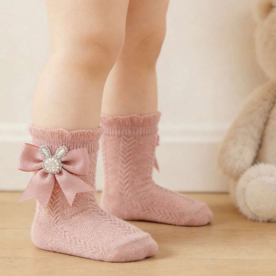 Baby Girl Socks With Bows Soft Pearl Bunny Infant Princess Dress Socks Toddler Ruffle Socks - Rosa - Ver 1