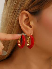 1 par de pendientes de aro en forma de C de acero inoxidable para mujeres - Pendientes de acero inoxidable con forma de C y gotas de aceite - Ver 13