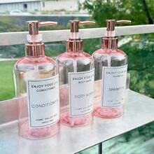 3pcs 500ml/16oz Rose Pink Refillable Bottles With Rose Gold Pumps, Shampoo, Body Wash, Conditioner, Lotion Dispenser Bottles For Hotel Bathroom, With Waterproof Labels - Pink - View 6