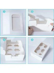5个/1个装纸杯蛋糕盒，9.4x6.1x3.14英寸，6个装纸杯蛋糕盒，白色纸杯蛋糕容器，带透明窗口和六个甜点托架，糕点饼干盒，烘焙盒 - 白色 - 查看 8