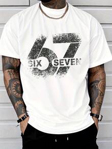 Classic Short Sleeve Street Style Vintage Print T-Shirt Six Seven Numbers 67 Print Men's Fashion  Casual Wear Adult Men's Urban Outfit - 白色 - 查看 7