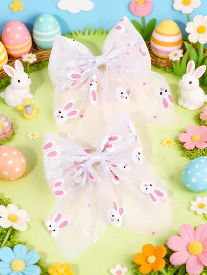 2pcs Bunny Ears Easter Hair Bows For Girls, White Tulle Compression Clips Bow Hair Clips, Rabbit Ears Hairpins, Elegant Ribbon Barrettes, Cute Hair Accessories For Girls Gifts Party Wedding Daily