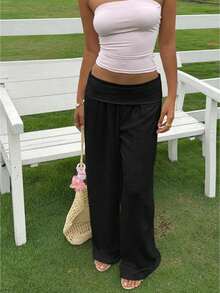 Women Cotton Linen Summer Palazzo Pants Wide Leg Lounge Pants Loose Straight Leg Solid Color Fold Over Low Rise Pants Casual Boho Beach Vacation Trous - Black - View 1