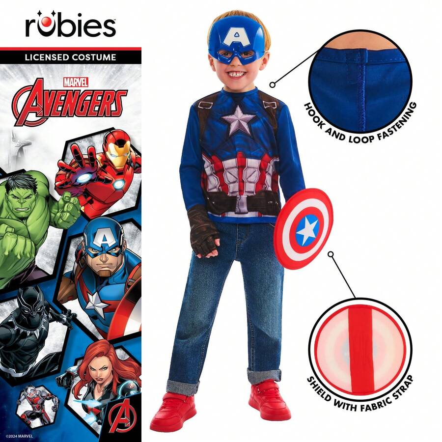 KIWI Déguisement Captain America pour enfants - Costume sous licence officielle - Authentique costume de super-héros - Idéal pour les fêtes et le carnaval - Facile à enfiler et à retirer, tissu confortable et léger - Multicolore - Voir 1