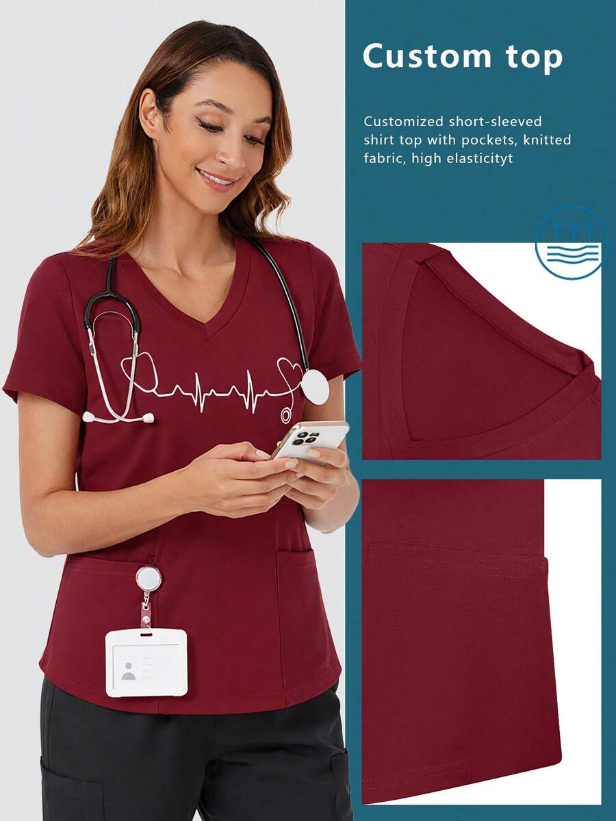 cimmuovere 爱心印花V领短袖T恤，春夏款 - 酒紅色 - 查看 1