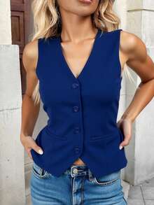 ZALLA Women's V-Neck Vest With Faux Pockets, Tailored Dress Shirt - 藏蓝色 - 查看 2