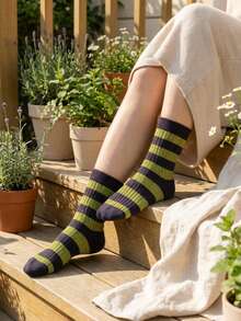 1/2/3/4/5/6 双装随机女士复古条纹船袜，Y2K Grunge 风格罗纹针织棉质中筒袜，适合日常穿着和角色扮演 - 紫色 - 查看 5