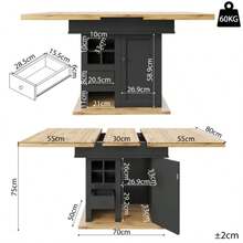 Large Telescopic Table (110–140 X 80 Cm), Folding Kitchen Table For 4–6 People, Extendable Dining Table, Space-Saving Kitchen Table, For Kitchen And Living Room, Dining Table With Wine Rack And Drawers - Black,Natural - 查看 3