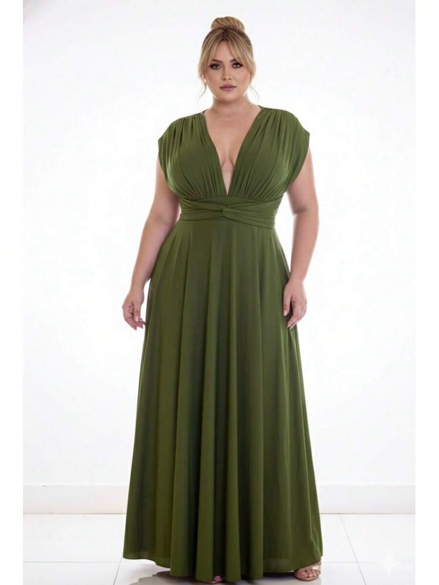 Party Dress For Bridesmaids, Graduation, And Guests, Plus Size, Terracotta, Fuchsia, Marsala, Serenity, Olive Green, Marsala Rose, Lavender, Lilac, Blue, Matte. - màu xanh ô liu đậm - Xem 1