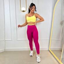 Women's Two-Tone Fitness Set - Pants And Cropped Top With Removable Padding - Gym Clothes - Premium Spandex - Baby Yellow and Pink - View 1