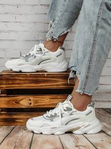 Fall/Winter Women's White And Grey Versatile, Fresh, Breathable, Fashionable, Retro, High Street, Commuting, Athletic, Campus Casual Sneakers With Reflective Materials, Thick Wedge Platform Increase Height, Durable, Shock-Absorbing, Suitable For Daily Wear, Vacation Travel - Multicolor - View 4