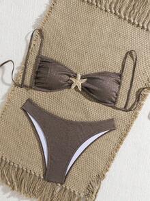 wohenmeili 2pcs Floral Patterned Sexy Bikini Set, Shiny Halter Neck Bikini With Backless Tie Thong Bottoms Featuring Starfish Design, Sexy Beach Style Swimwear Set For Women Vacation Summer - Dark Brown Silver - View 4