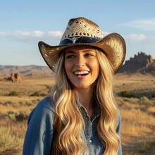 Women Men Cowgirl Hat, Roll-Up Wide Brim Straw Hat Summer Cap For Beach Vacation - Khaki - View 5