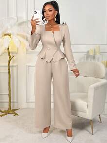 AIJ Amarilo Women's Beige Two Pieces Set, Elegant Square Neck Long Sleeve Peplum Blazer & High Waist Wide Leg Pants Outfit, Office Commute Party Date Daily Wear - Dusty Pink - View 1