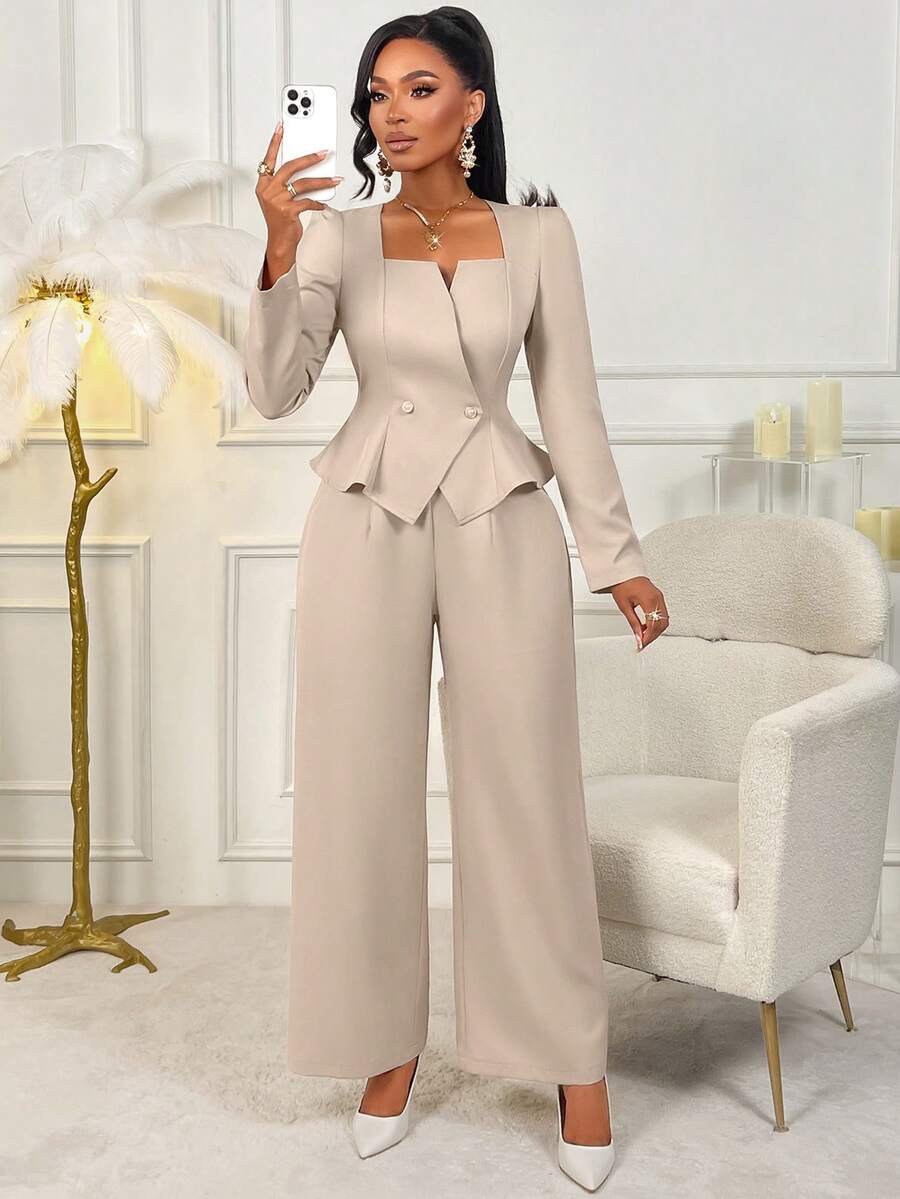 AIJ Amarilo Women's Beige Two Pieces Set, Elegant Square Neck Long Sleeve Peplum Blazer & High Waist Wide Leg Pants Outfit, Office Commute Party Date Daily Wear - Dusty Pink - View 1
