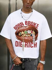 男士时尚休闲街头摇滚说唱歌手宽松短袖T恤 | 西海岸风格 | 项链和金钻嘴部字母印花 | 精致设计 | 春夏必备 | 百搭易穿，展现您的个人风格。 - 白色 - 查看 2